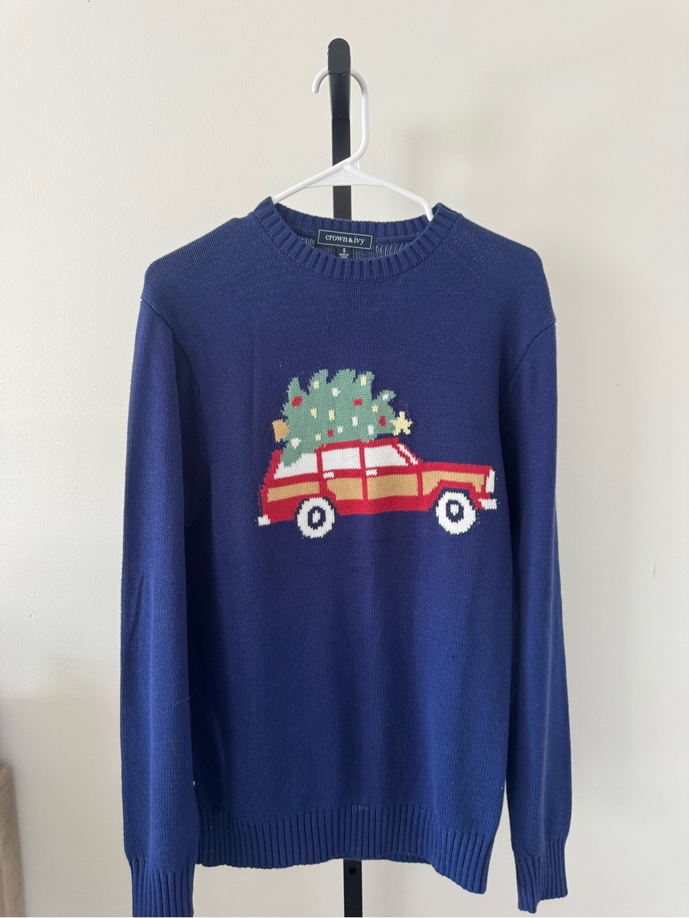 crown & ivy Navy Crewneck Sweater with Red Car and Green Tree Graphic